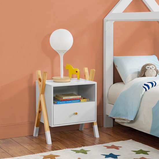 Houten Nachtkastje / Kindernachtkastje Jamie - Wit / Houtkleur - 1 Lade