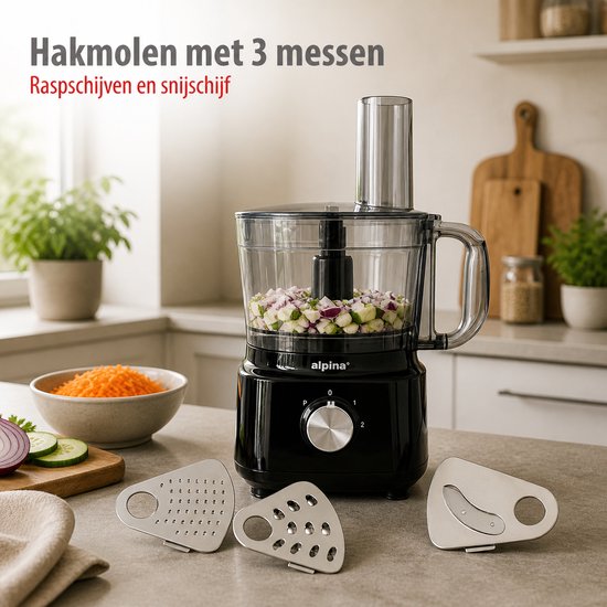 alpina 3-in-1 Foodprocessor, Blender en Smoothie Maker - Keukenmachine Multifunctioneel - Groentesnijder - Hakmolen - 2L - BPA-Vrij - Vaatwasserbestendig - FP413GS - Zwart