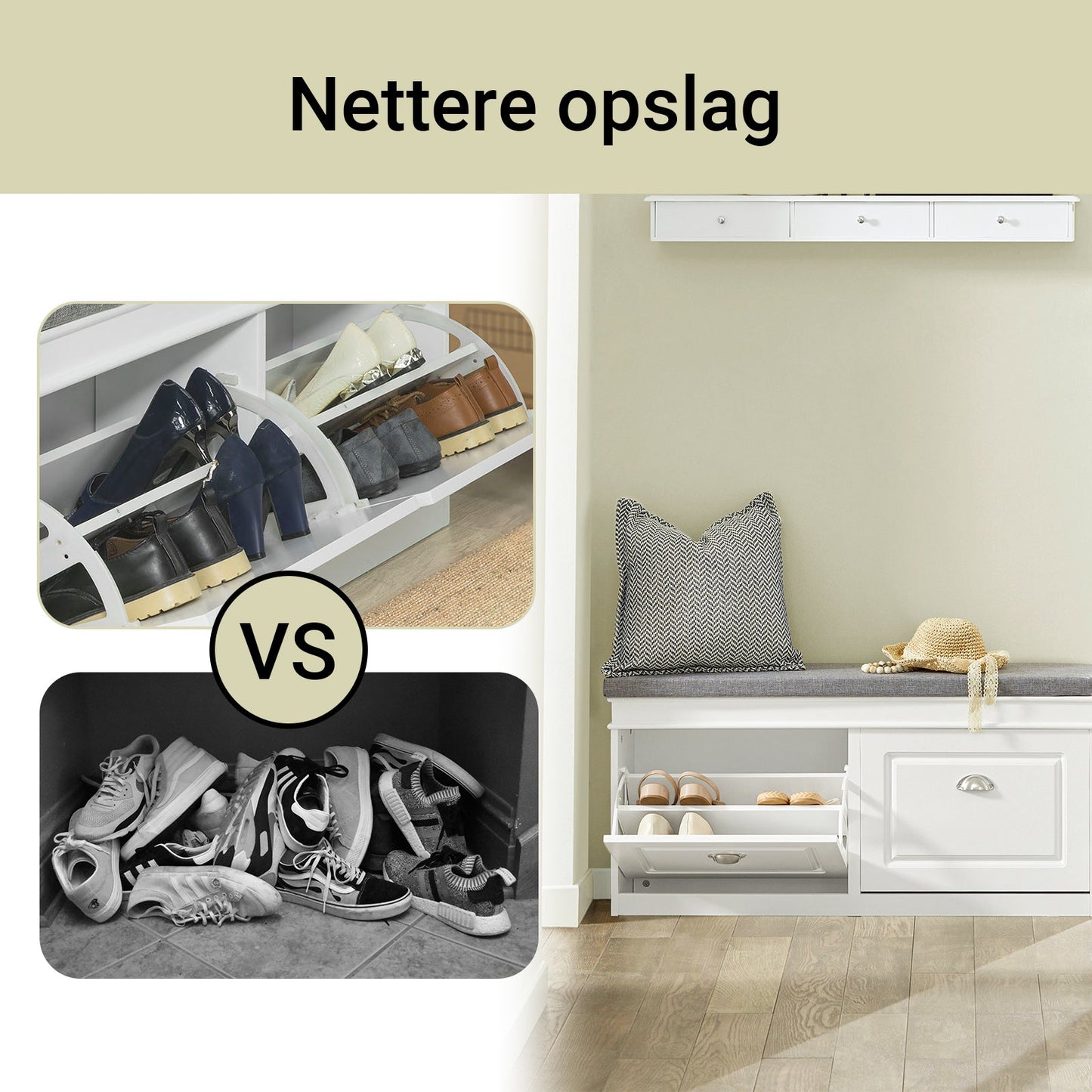 SoBuy Schoenenkast met Zitkussen en Kleppen – Smalle Schoenenbank voor de Hal – Wit – 104 x 24 x 51 cm