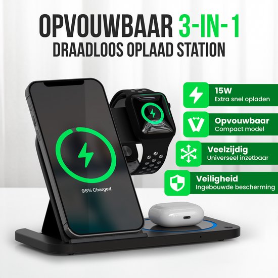 Strex 3-in-1 Draadloze Oplader - Oplaadstation - 15W Snellader - Opvouwbaar - Geschikt voor iOS & Android, Apple Watch, AirPods en Draadloze oortjes - Zwart