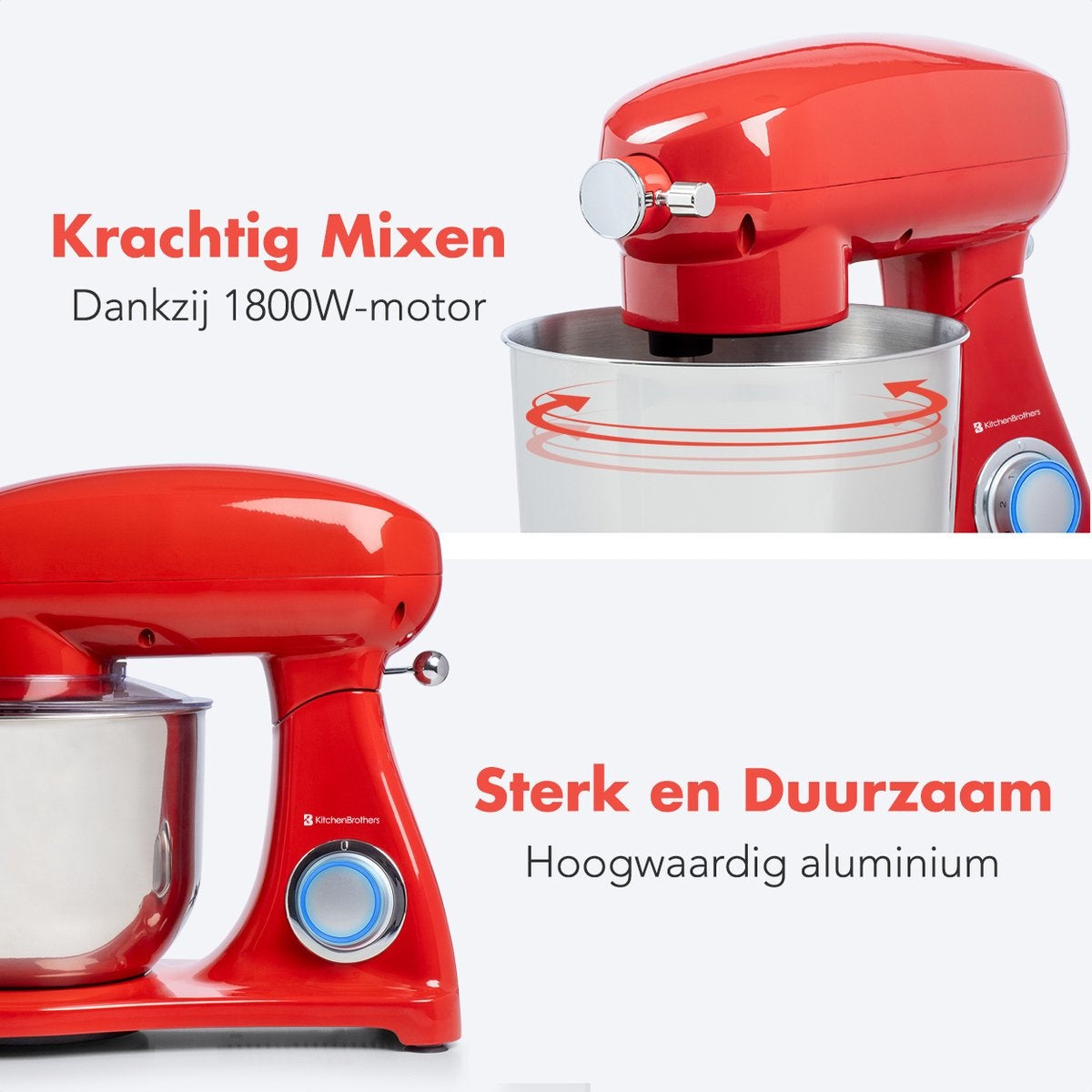 KitchenBrothers Keukenmachine - Keukenrobot - 6L Mengkom - 1800W - Aluminium - Rood