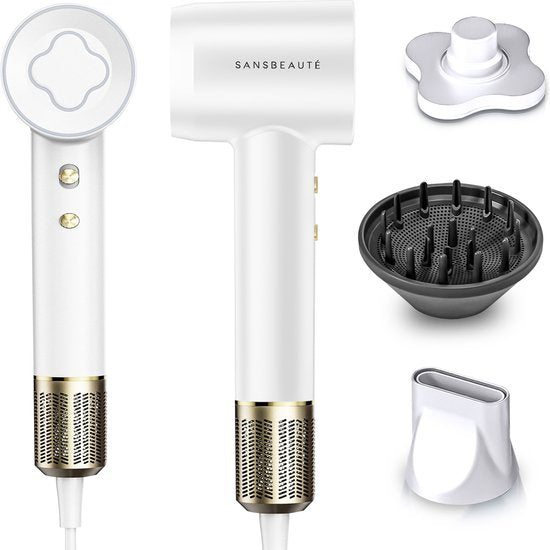 Sansbeauté® Föhn met Diffuser – Krullen – 110.000RPM - Ionische Haardroger met Borstel - 3 Standen - 3 Opzetstukken – Reisföhn - Coolshot – Haarföhn met Diffuser – Hair Dryer - 2000W - EssentiaPRO®