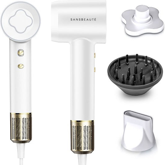 Sansbeauté® Föhn met Diffuser – Krullen – 110.000RPM - Ionische Haardroger met Borstel - 3 Standen - 3 Opzetstukken – Reisföhn - Coolshot – Haarföhn met Diffuser – Hair Dryer - 2000W - EssentiaPRO®