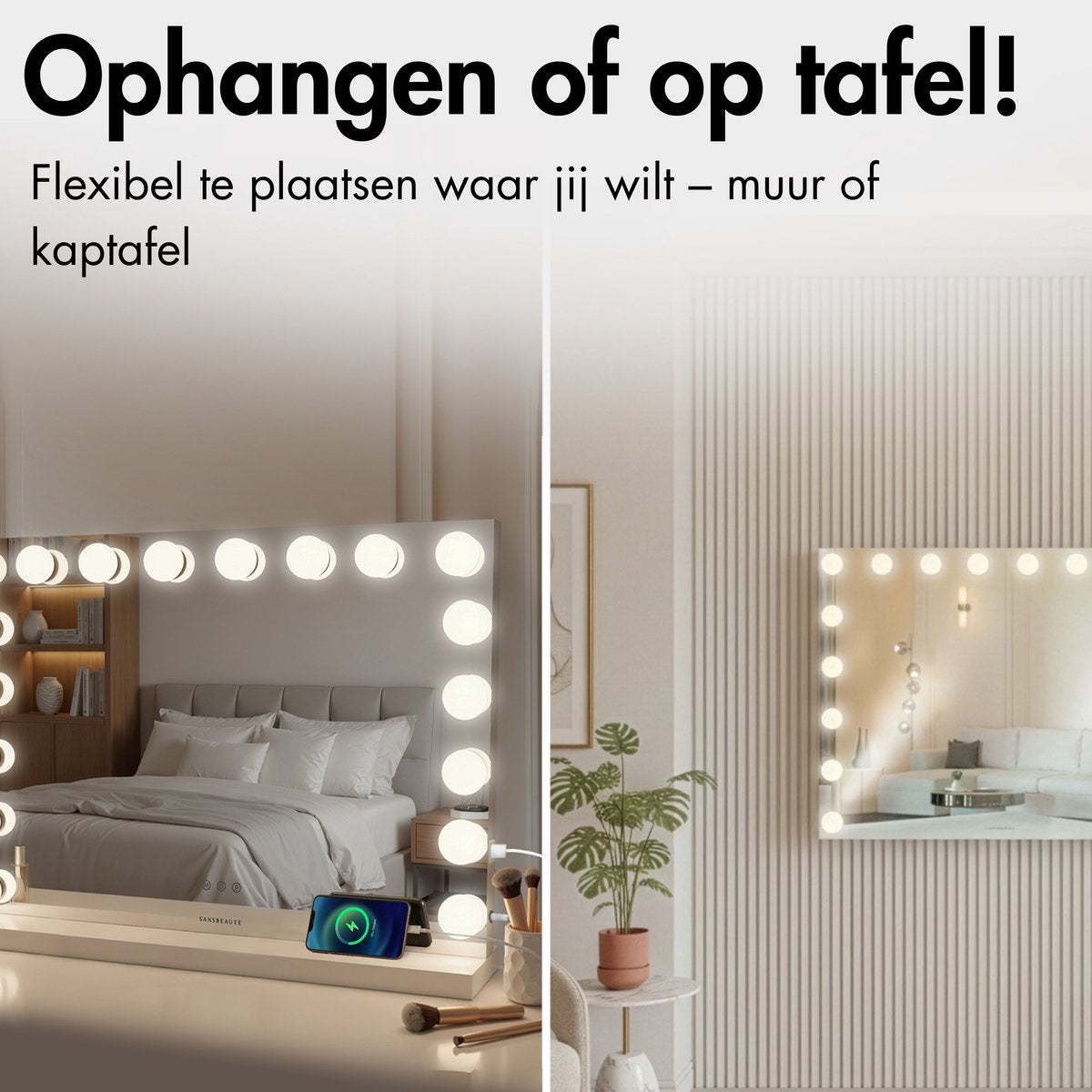 Sansbeauté® Hollywood Spiegel 80x60 cm - Make-up Spiegel - 18 LED Lampen - 10x Vergroting - Dimbaar - USB Oplaadpoort - Touch Control - Bluetooth - Multi