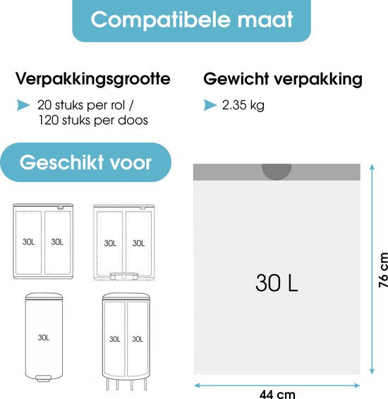 Trashure Vuilniszakken - 30 L - Geschikt voor Brabantia prullenbak Code O - 6 rollen x 20 stuks - 30 liter met trekbandsluiting