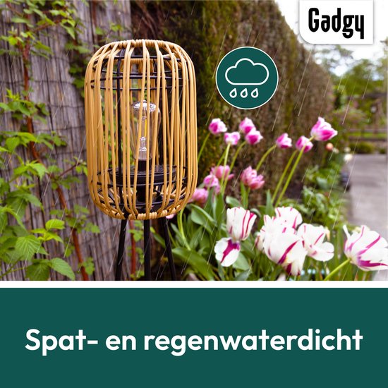 Gadgy Solar Tuinverlichting Staande Lamp Terras - Buitenlamp Zonne Energie Balkon & Tuin - Driepoot Tuinlamp Led Buiten met USB-aansluiting - Tuinverlichting op Zonneenergie - Lantaarn voor Buiten Verlichting - Tuinlampen - Rattan