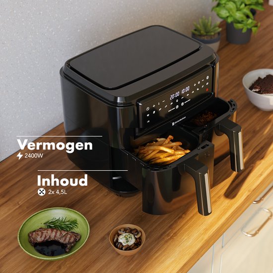 KitchenBrothers Airfryer – Dual Zone & 9 Liter – 2400 W – 36,1 x 40 x 32 cm – Zwart