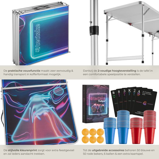 tectake® Beerpong Tafel - Met Feestdecoratie - LED-verlichting - Bierpong Tafel in Hoogte Verstelbaar en Inklapbaar - Drankspel met Accessoires - 100x Plastic Bekers, 6x pingpongballen, Kaartspel met Kaarten