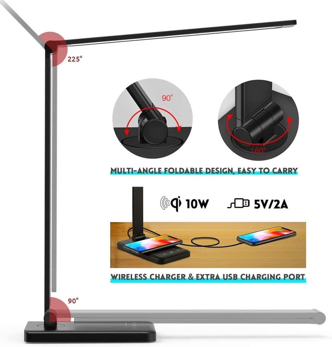 Fuegobird EK009 LED Bureaulamp - Draadloos Oplaadfunctie - Kantelbaar - Zwart