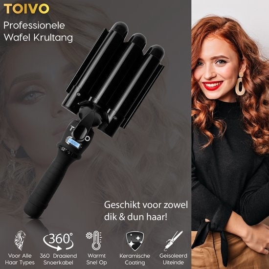 Toivo Wafeltang 22mm - Incl. Beschermingshandschoen - Wave Krultang - Golvenkrultang - Haar - Waver -Beach Waves - Zwart