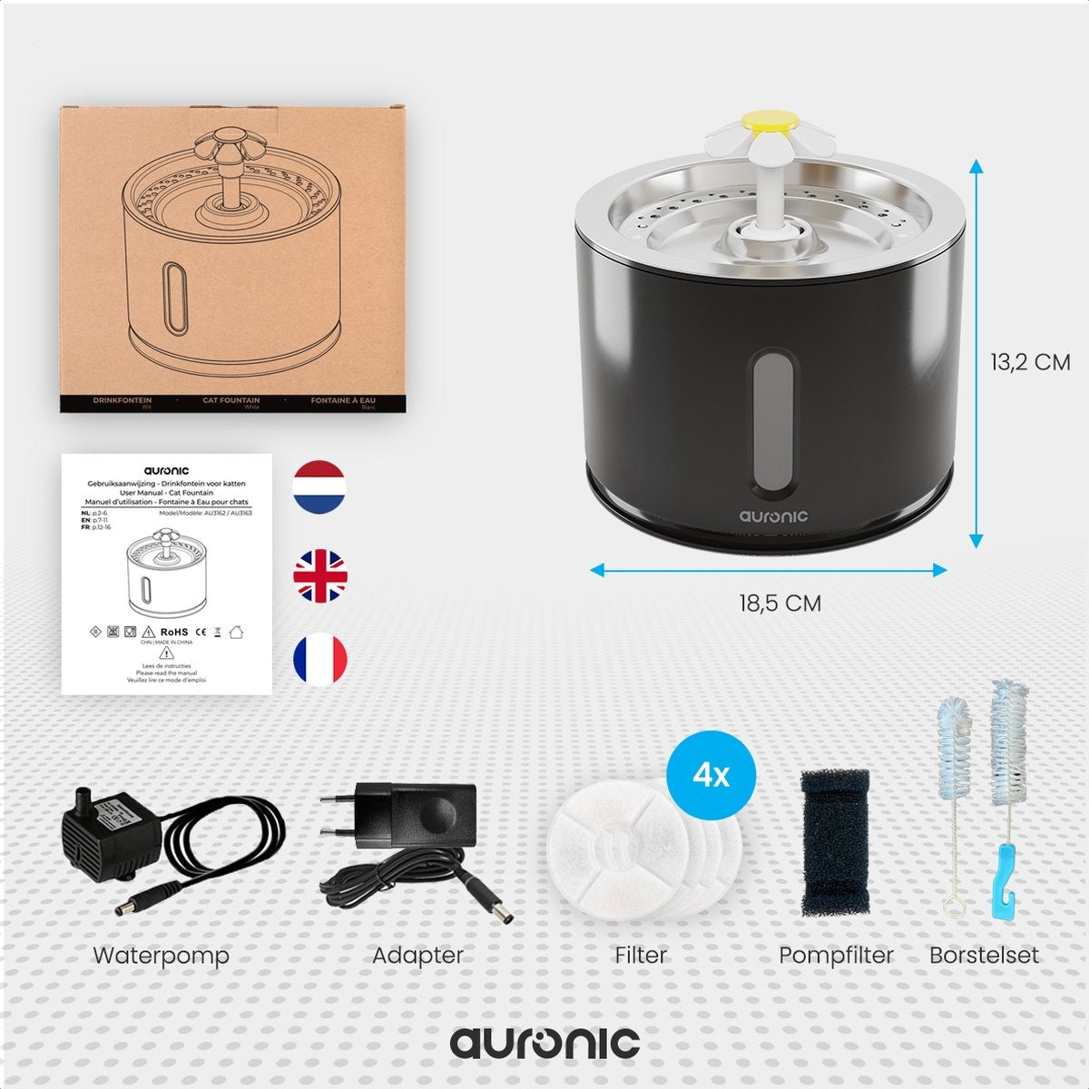 Auronic Drinkfontein voor Katten en Honden - 2,4L - Incl. 4 Filters en 2 Borstels - Zwart