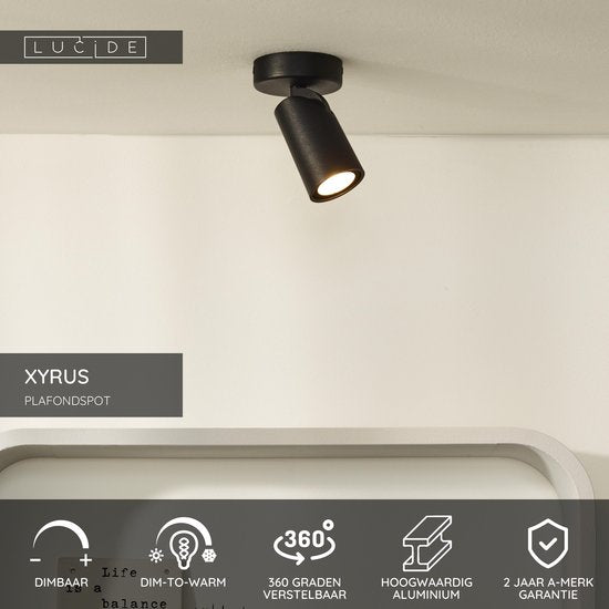 Lucide XYRUS - Plafondspot (Plafondlamp) - Ø 9 cm - LED Dim to warm - GU10 - 1x5W 2200K/3000K - Zwart