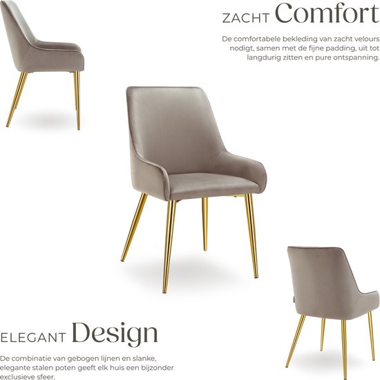 tectake® Eetkamerstoel Avane - Fluweeloptiek - Ergonomische gestoffeerde stoel met gouden stalen poten - Draagkracht 120 kg - Moderne eetkamer- en keukenstoel - Set van 2 - Taupe