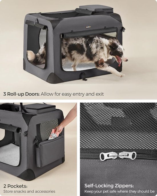 Feandrea Opvouwbare Reistas voor Huisdieren PDC90G01 – Grote Soft Travel Crate voor honden en katten, 91 × 63 × 63 cm – Grijs – Ademend met netvensters en opbergvakken