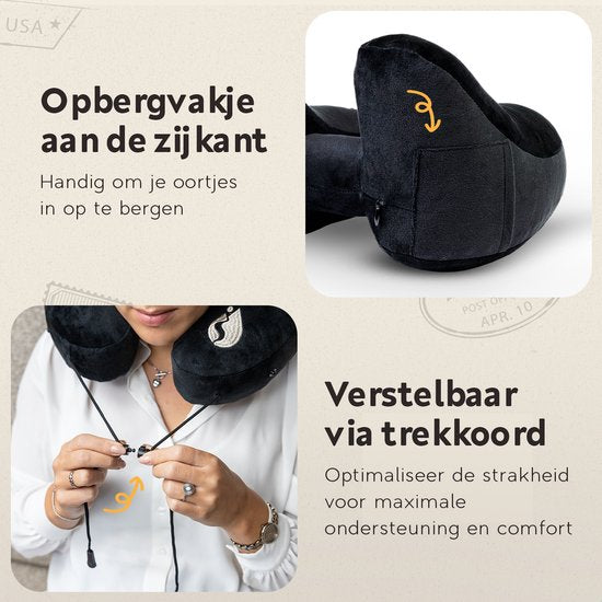 TRAVARA Opblaasbaar Nekkussen - The Airsnoozer - Reiskussen - Voor Vliegtuig en Auto - Met Oordoppen - Nek Kussen - Zwart