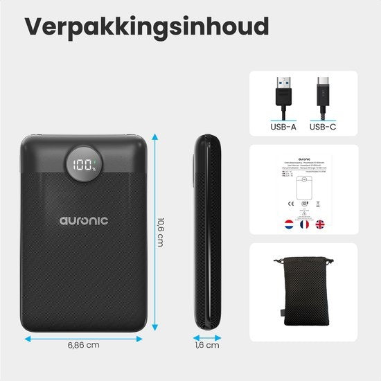 Auronic Powerbank - Geschikt voor iPhone 12/13/14/15 en Samsung S21/S22/S23 - 10.000 mAh - 22.5W - 2 Oplaadpoorten - Snelladen via USB-A en USB-C - Zwart