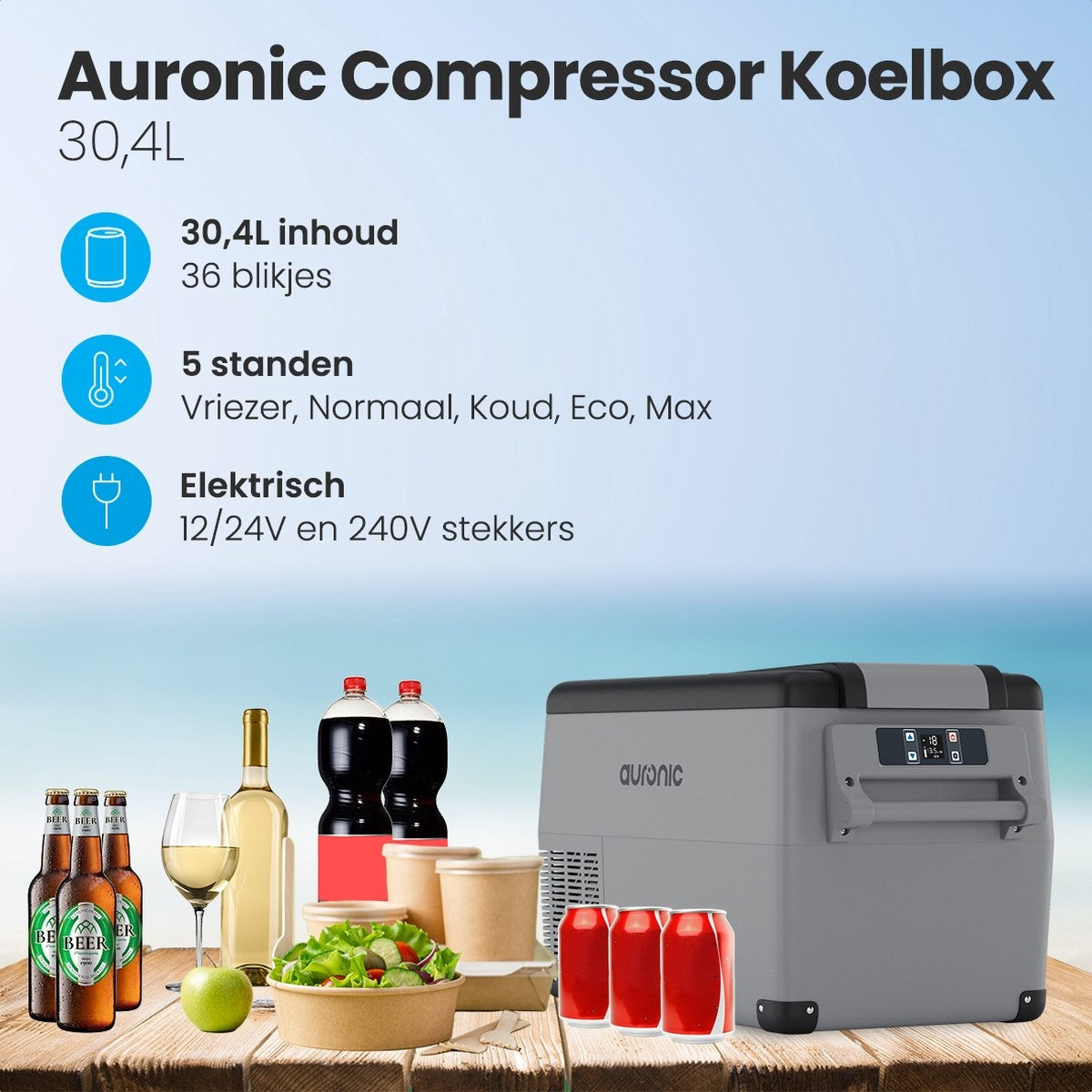 Auronic Elektrische Compressor Koelbox - Coolbox - 30.4L - 12V en 240V - Grijs