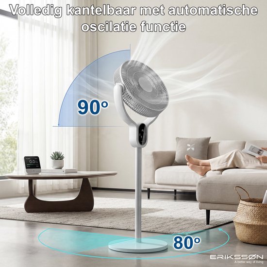Erikssøn Statiefventilator - Stil En Krachtig 45W - 8 Snelheden - Verstelbaar - Staande Venitlator - Grijs