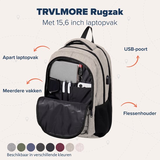 TRVLMORE Rugzak met Levenslange - Rugtas met 15,6 Inch Laptopvak - Schooltas - Spatwaterdicht - Heren en Dames - Jongens en Meisjes - 28L - Champagne