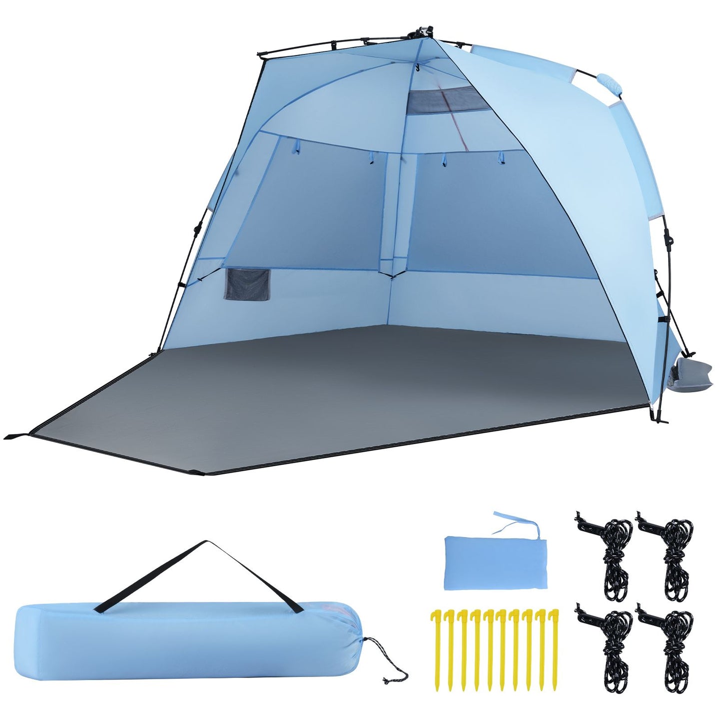 Coast Pop-up Strandtent 3-4 Personen - Grijs/Blauw - 278 x 140 x 142 cm - Incl. Draagtas, Haringen en Zandzakken