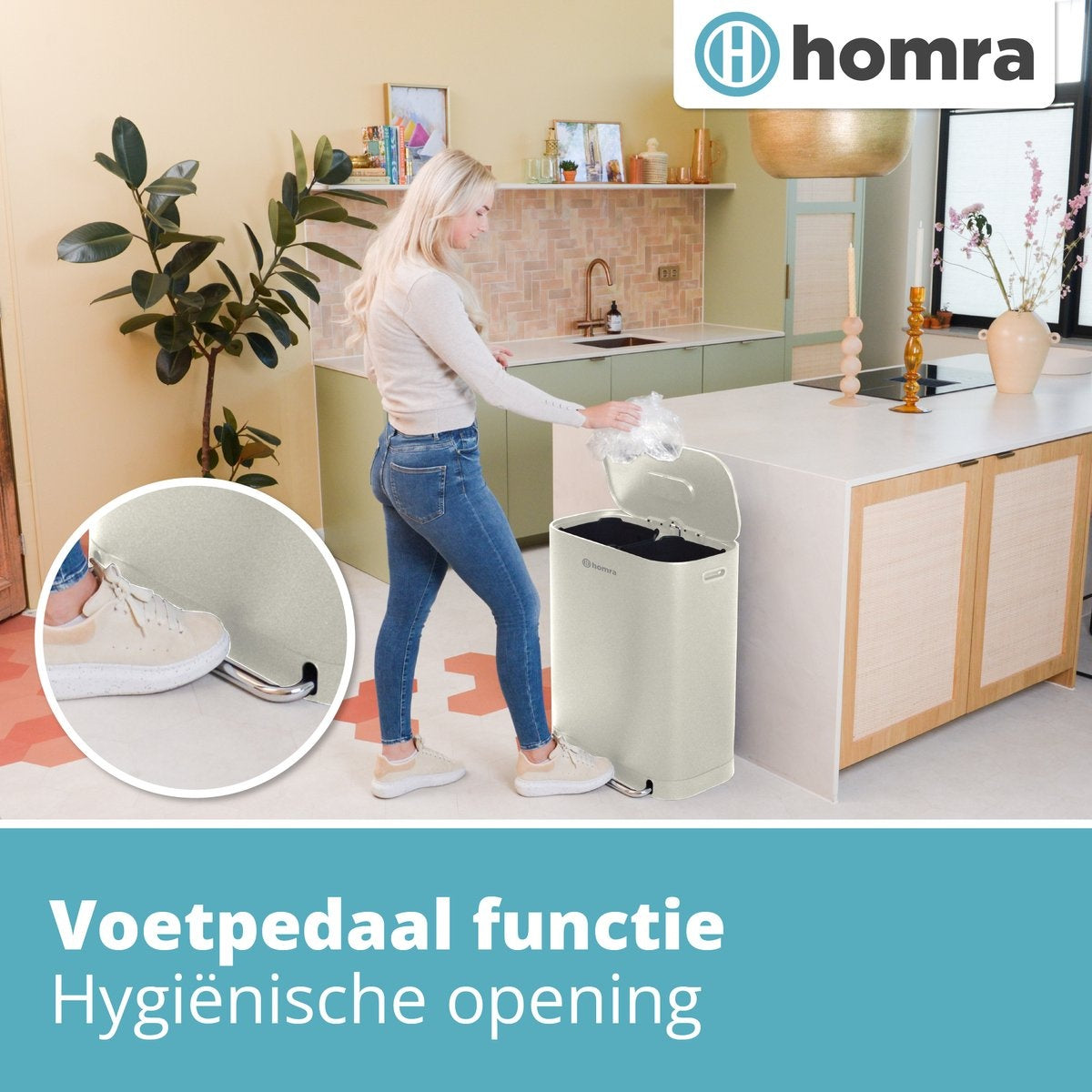Homra Rockx Prullenbak 60 Liter - Duo Pedaalemmer 2X30L met Geurfilter - RVS - Wit Creme - 33X58X69CM