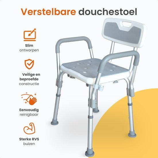 Goliving Verstelbare Douchestoel - Afneembare Arm- en Rugleuning - Douchekruk met Douchekop houder - Antislip - 3.2 kg - Hoogte 70-84 cm - Wit