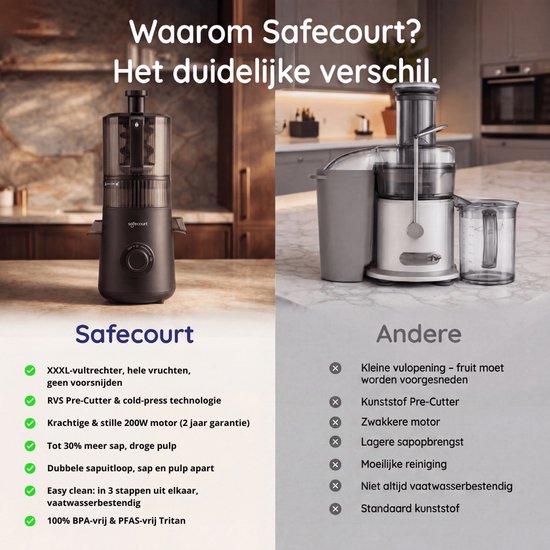 Safecourt Kitchen Slow Juicer XXL - krachtige motor [Pre-cutter & Cold-press technologie] - eenvoudige reiniging - BPA-vrij - sapcentrifuge Zwart