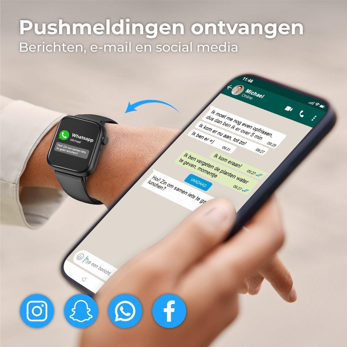 Nuvance - Smartwatch Heren & Dames met Bluetooth - 45mm - Geschikt voor alle Smartphones - Stappenteller en Hartslagmeter - Waterdicht - Zwart