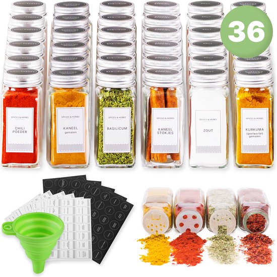 S.old - 36 Vierkante Glazen Kruidenpotjes met Metalen Deksel - Kruidenstrooier - Complete Set met Strooideksels - Voorbedrukte Stickers en Trechter - Inhoud 120 ml - 10,5 x 4,3 cm - Glas