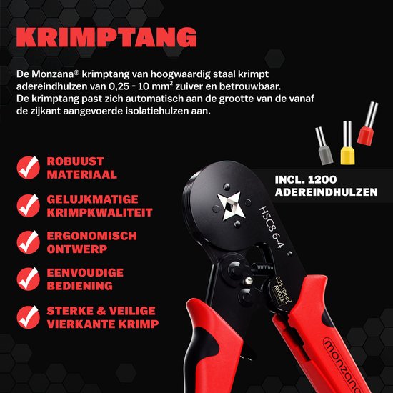 Monzana Krimptang - 2000 Adereindhulzen 0,25 10mm² Opbergtas - Rood