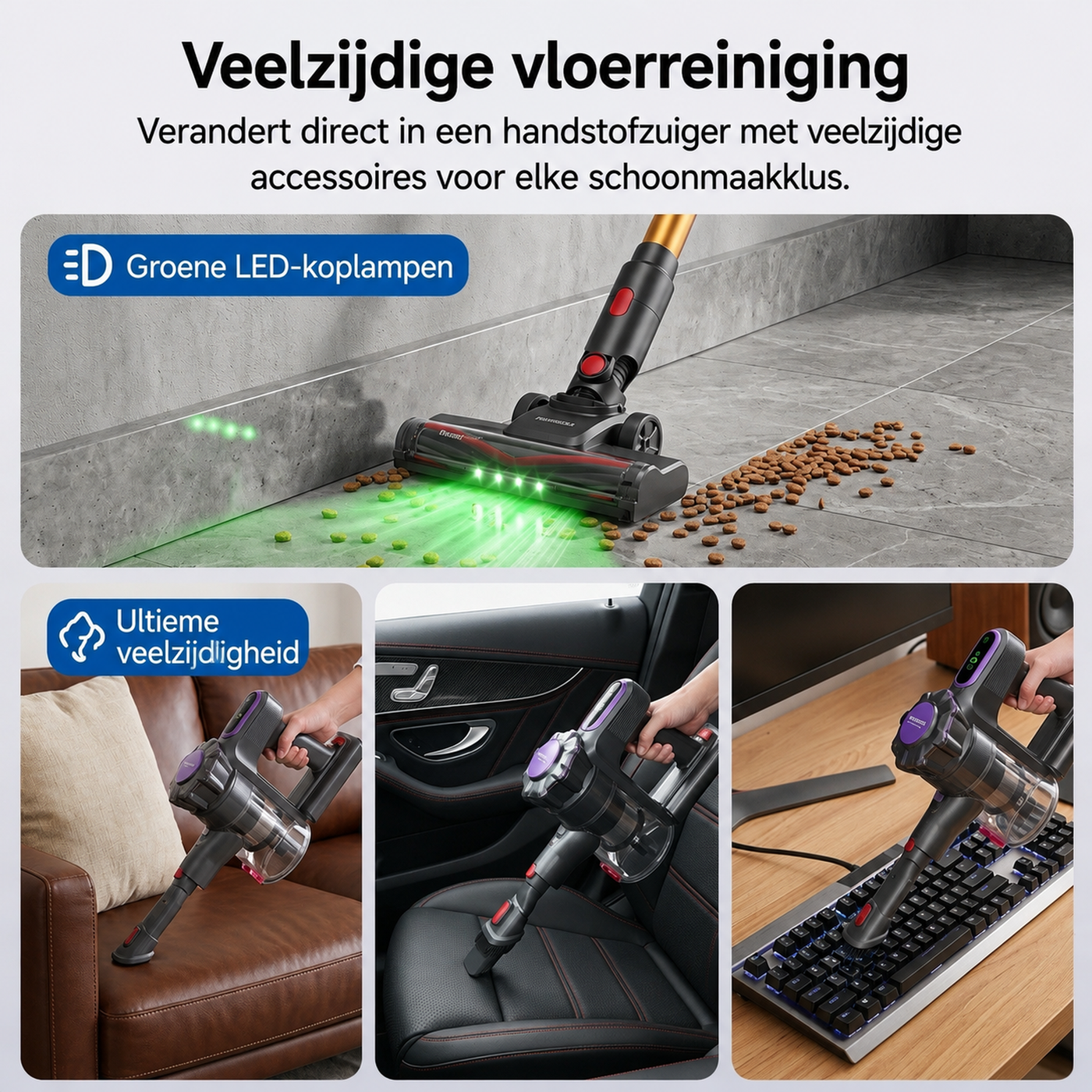 Monsga ME03 Draadloze Steelstofzuiger - 550 W - 55 kPa - 55 Min Looptijd - 1,2 kg - Anti-Klit Borstel - Afneembare Accu - Groen Detectielicht