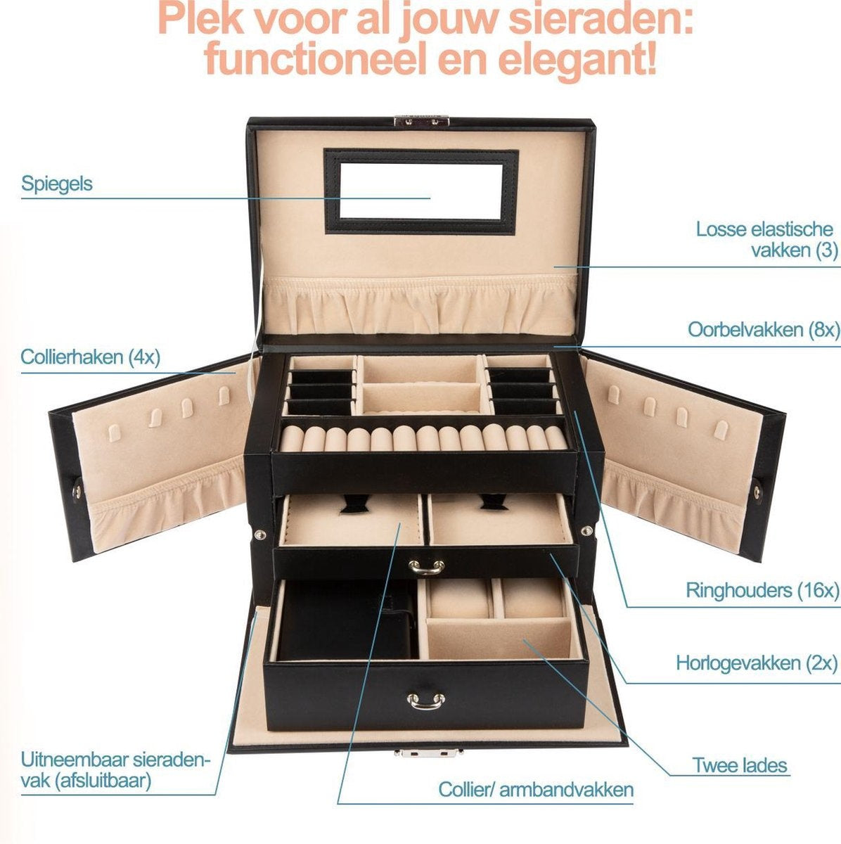 LifeGoods Sieradendoos XL - Juwelendoos - 20 Vakken - Zwart/Beige
