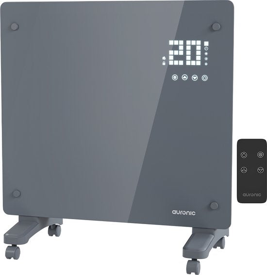 Auronic Elektrische Kachel – Convectorkachel met Thermostaat en Afstandsbediening - Glazen Paneelverwarming - 1000W Heater - Grijs