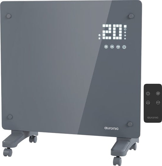Auronic Elektrische Kachel – Convectorkachel met Thermostaat en Afstandsbediening - Glazen Paneelverwarming - 1000W Heater - Grijs