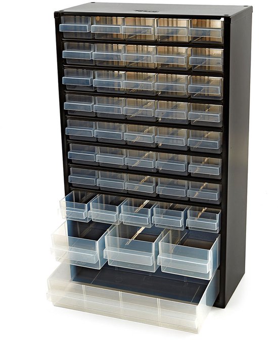 Raaco Ladekast met 44 lades - Metalen Assortimentskast - Opbergsysteem voor o.a. schroeven en bouten - Kan aan de muur bevestigd worden - Incl. 10 tussenschotjes - 150x510x303 mm