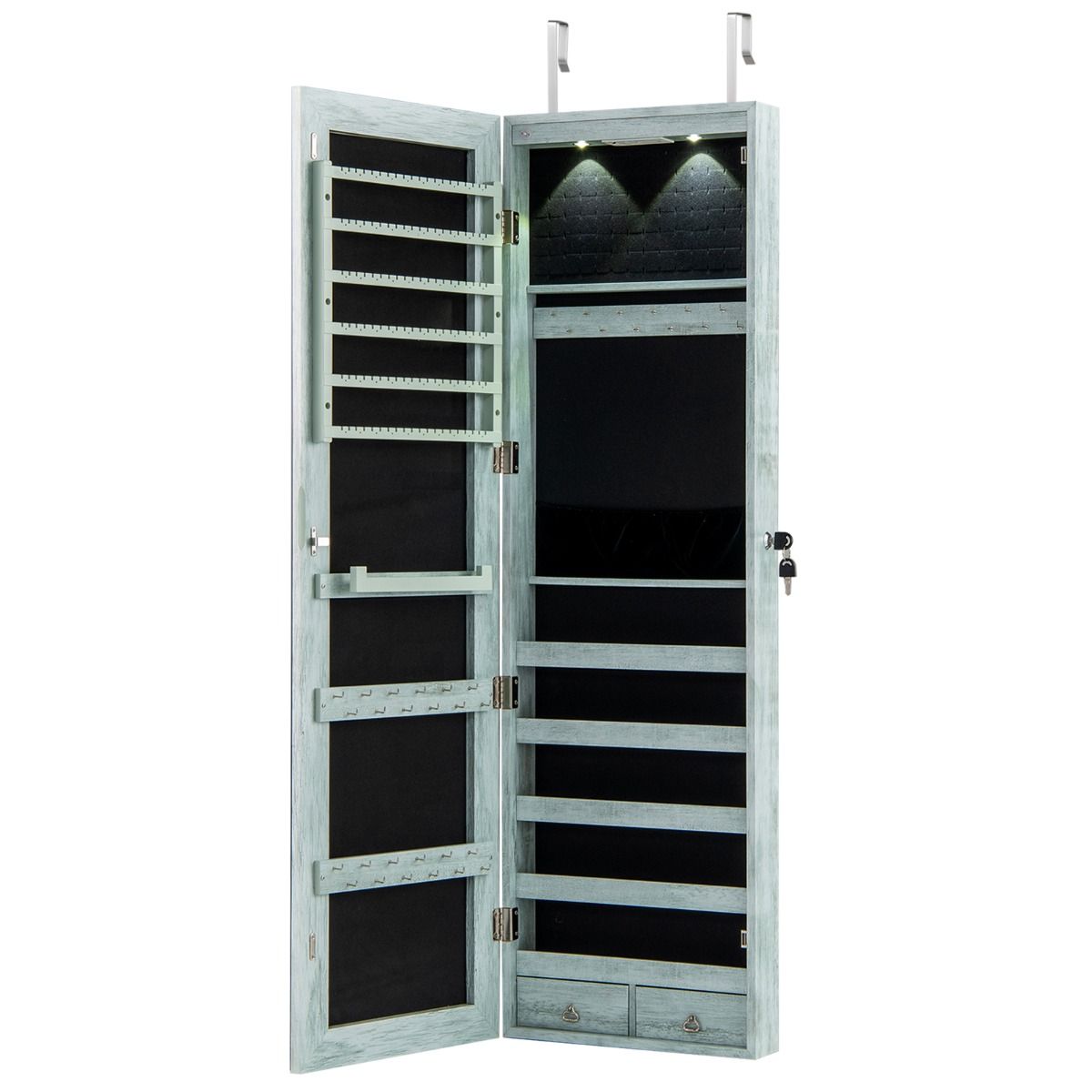 Coast sieradenkast met LED-verlichting - afsluitbare spiegelkast - opvouwbaar make-upbord - groen - 120 x 35,5 x 10 cm