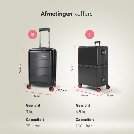 ONYX 2-delige Kofferset - Handbagage met voorvak en Check-in koffer - 35L/100 L - TSA slot - Lichtgewicht Trolley - Aluminium sluiting - Zwart