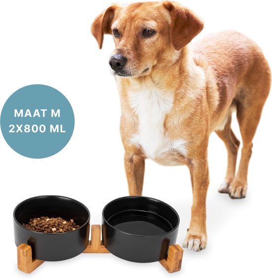 Voerbak Hond - Drinkbak - Met Standaard - 2x 800 ml - Maat M - Zwart