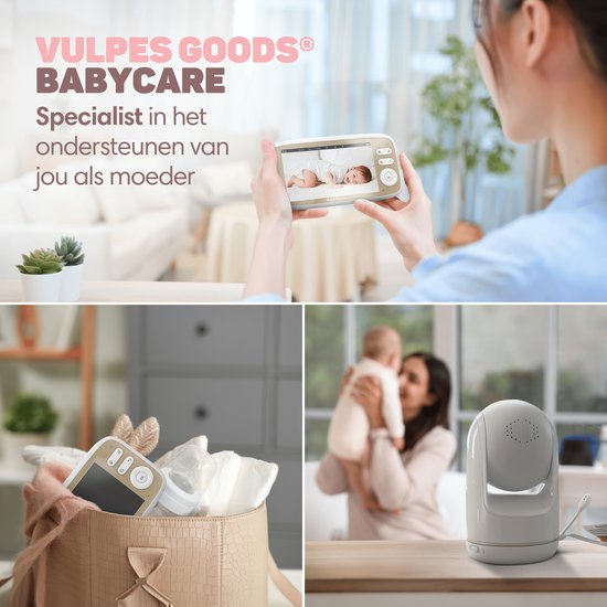 Vulpes Goods® Babycare - Babyfoon met Camera - Babymonitor met Camera en VOX - 5 inch FULL HD Scherm - Op afstand bestuurbaar - Baby Camera - Babyfoons met Geluidsdetectie - Nightvision - PRO Versie - Wit