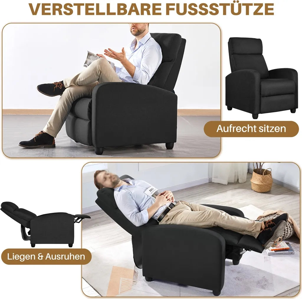 Yaheetech Relaxstoel – Zwart – 87 x 61,5 x 99 cm – Verstelbare Ligstoel met Voetsteun