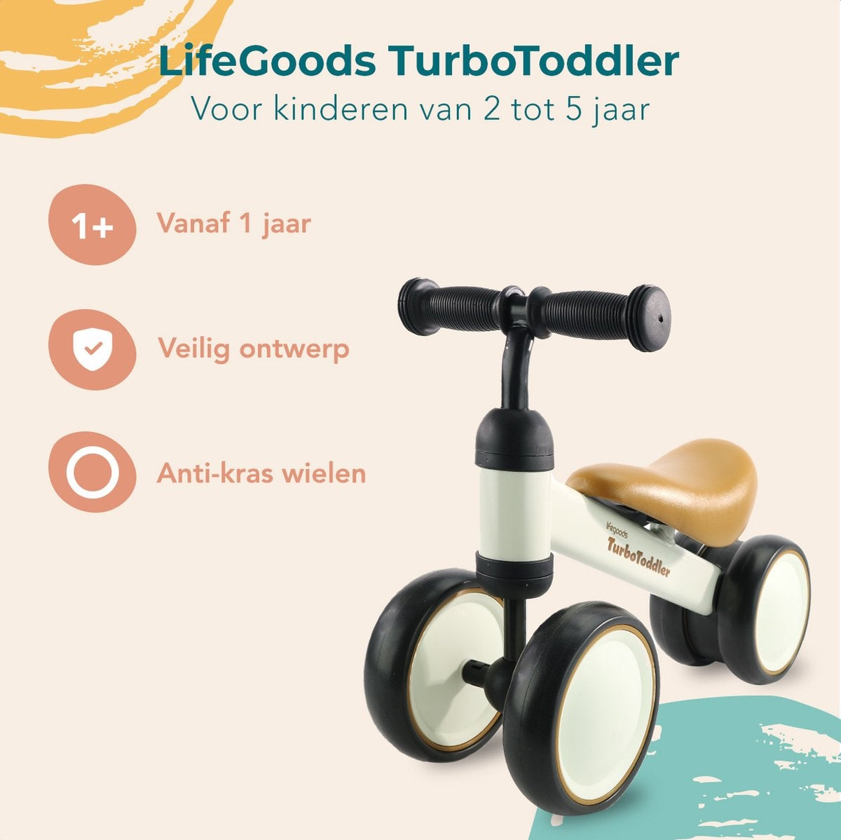 LifeGoods - TurboToddler Loopfiets - Vanaf 1 jaar - Kinderstep - Crème