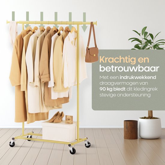 O'DADDY Kledingrek – Verstelbaar, 90 kg draagvermogen, met wielen – 132 x 49 x 160 cm – Goud