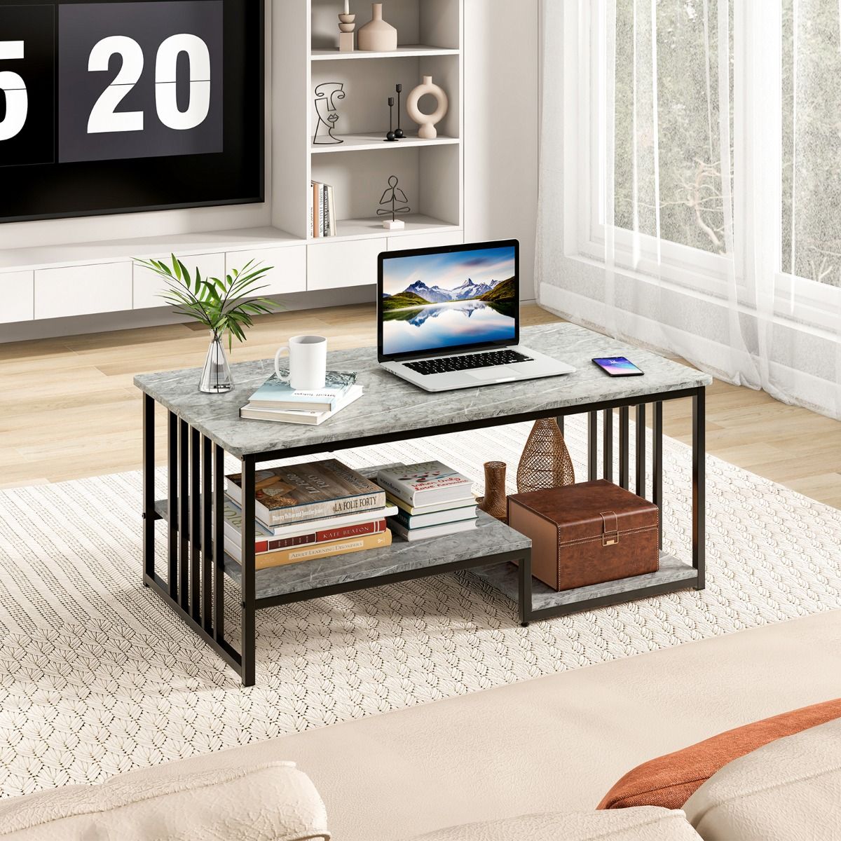 Coast Salontafel - 2-Laags - Marmerlook - Max. 50 kg - 110 x 60 x 45 cm - Grijs / Zwart