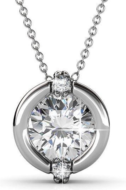 Yolora Dames Ketting met Ronde Hanger - Kalpa Camaka Kristal - Zilverkleurig - 18K Witgoud Verguld - Vrouwen Collier Zilver - Sieraden - Luxe Giftbox Geschenkdoos - Cadeau doos - Exclusieve Geschenkverpakking - Mooie Cadeauverpakking