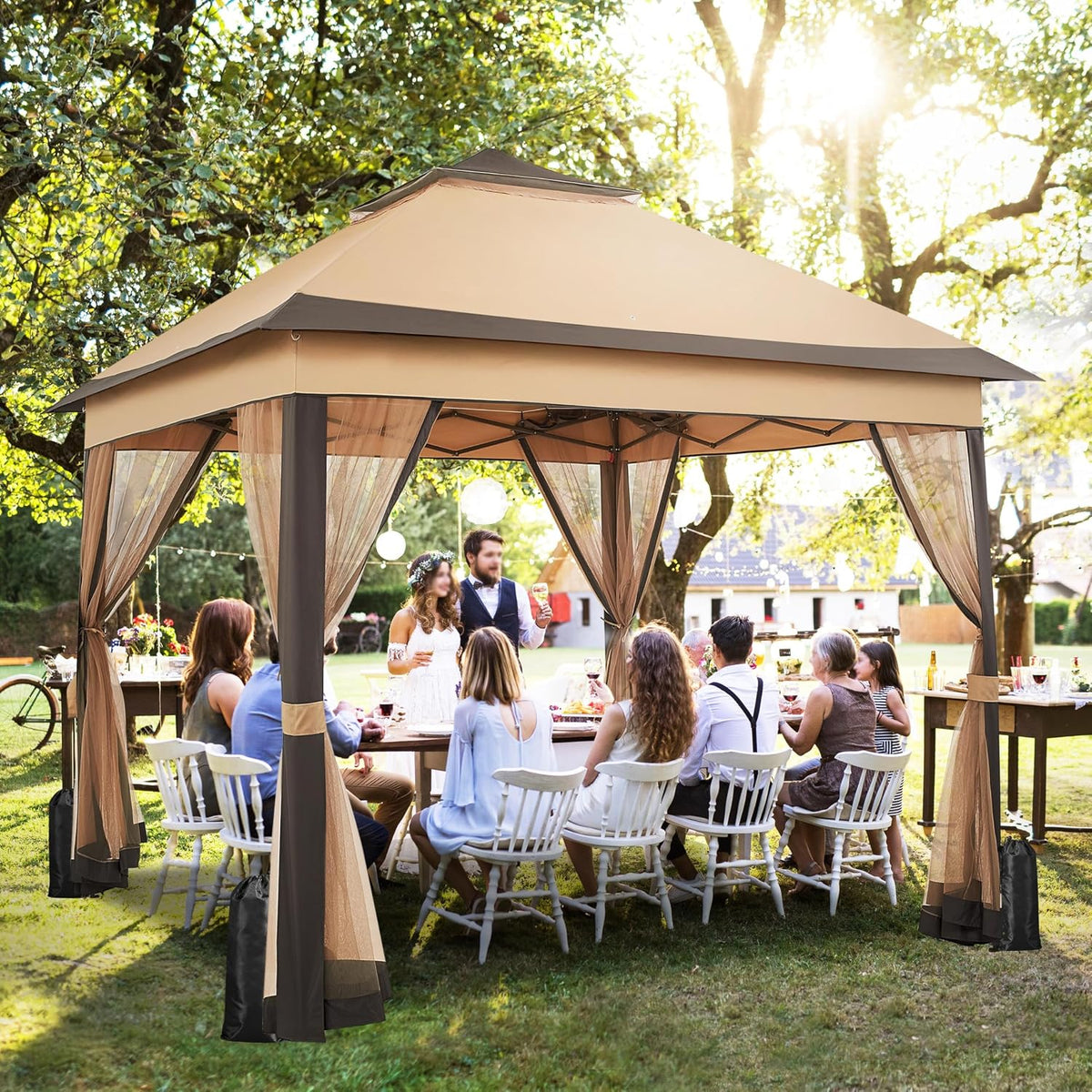 Yaheetech Pop-up Paviljoen 3,3 × 3,3 m met 4 Mesh Zijwanden en Draagtas Khaki/Bruin