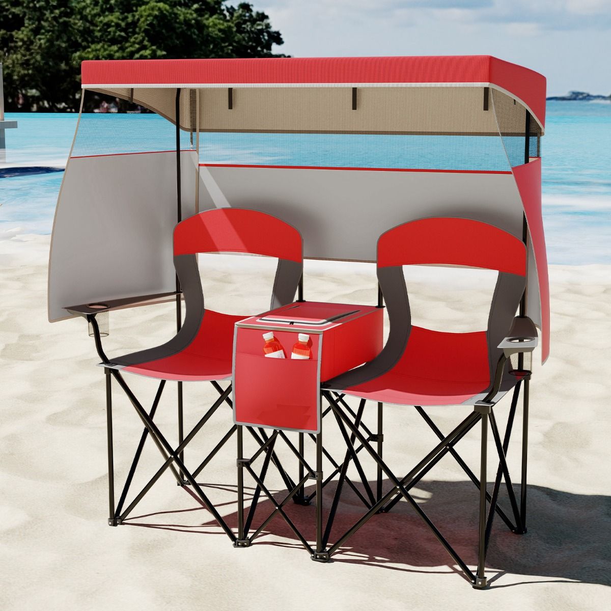Coast Dubbele Campingstoel - verstelbare zonwering - koeltas en bekerhouders - rood