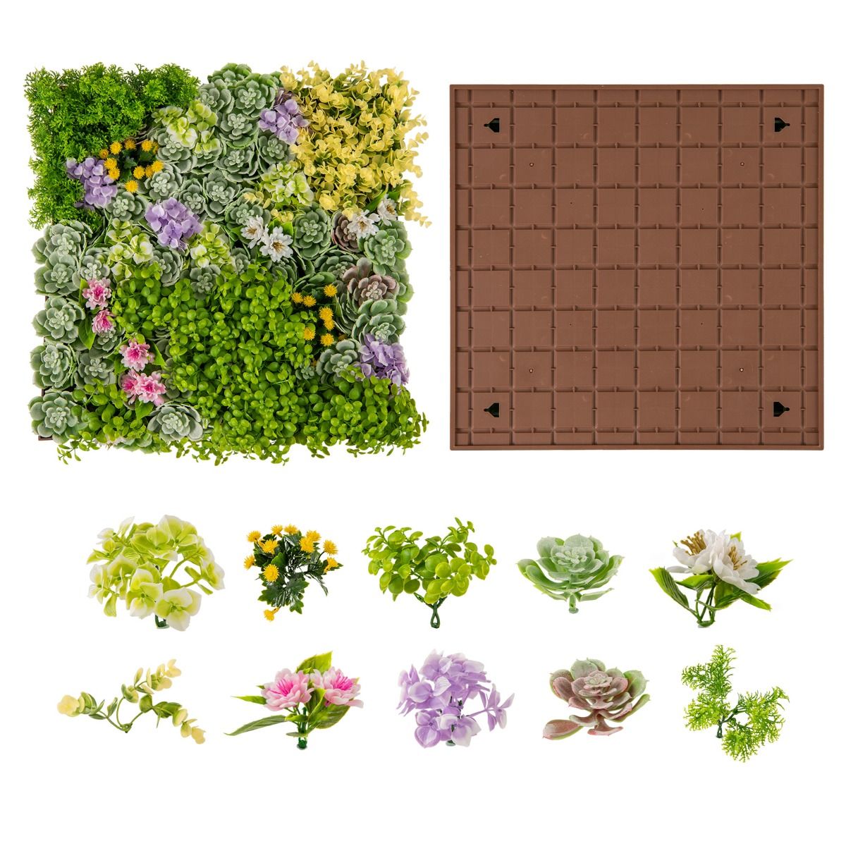 Coast Kunstplanten Wandpanelen - set van 2 - 3D kunsthaag - 10 soorten gemengde planten - 50 x 50 cm - groen en bruin