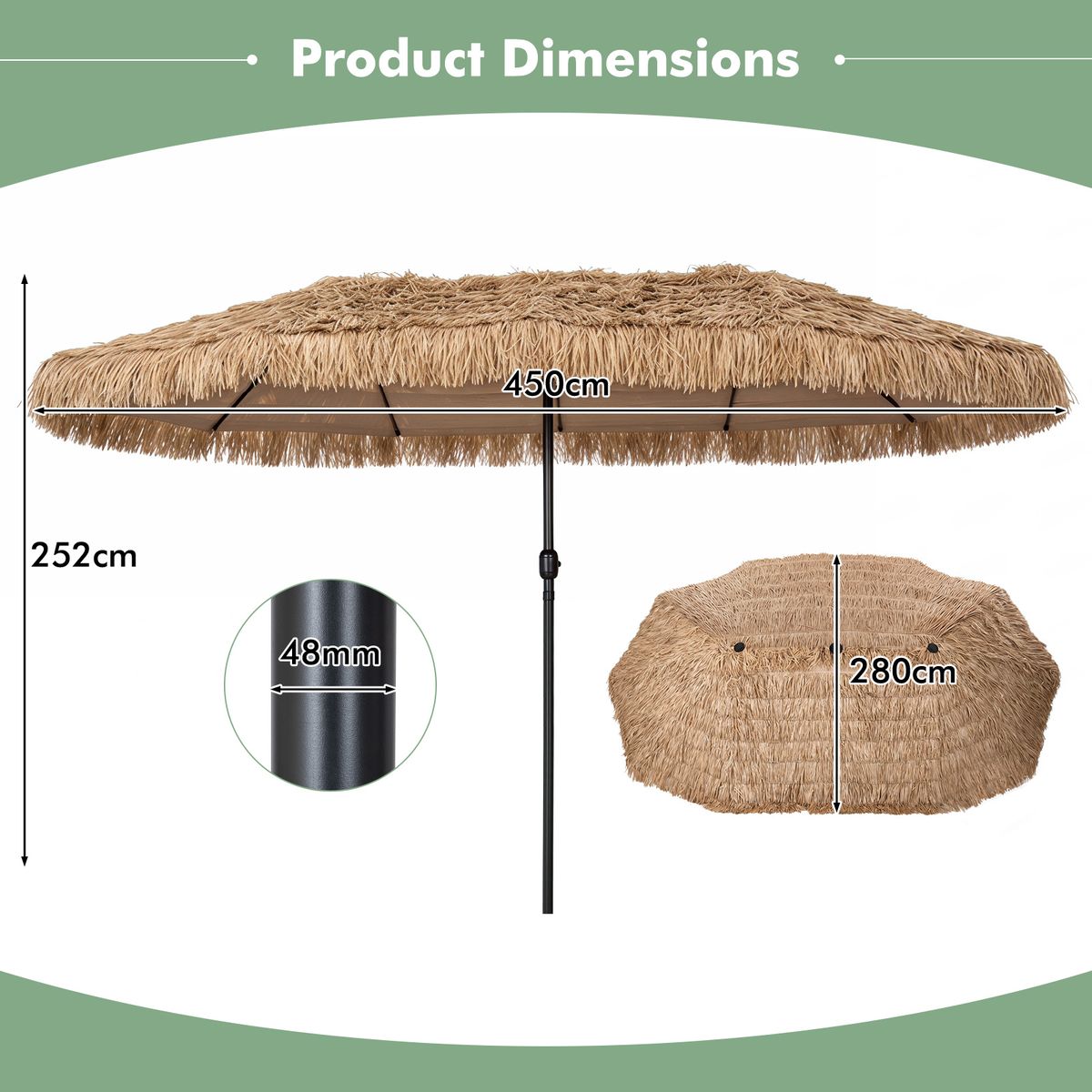 Coast Dubbele Stroparasol - tropische Hawaiiaanse stijl - zonder lamp, zonder parasolhouder - 450 x 270 cm - naturel