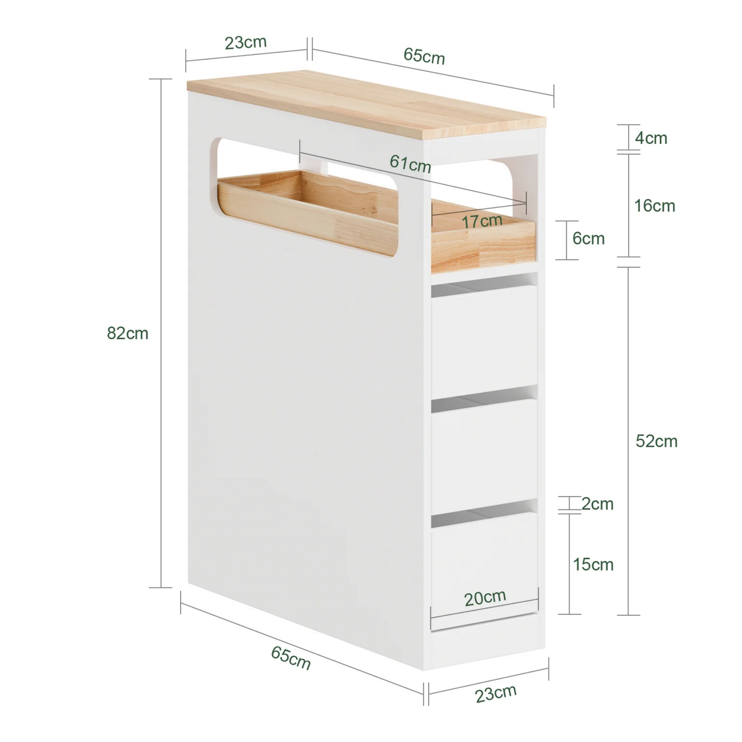 SoBuy Smalle Badkamerkast op Wieltjes - 65x23x82 cm - 3 Lades - Open Vak - MDF & Hout - Wit/Naturel