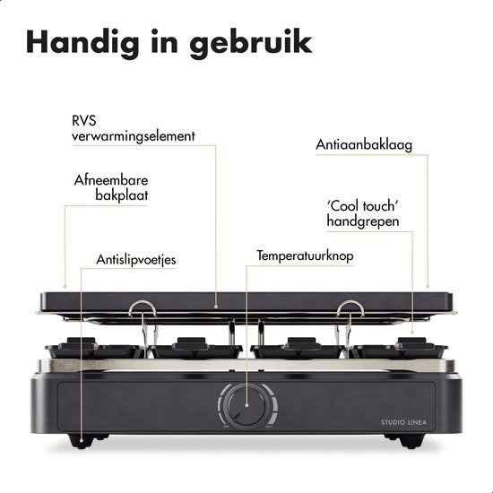 Studio Linea SLGRILL30BK Gourmetstel - 8 Personen - 1400 Watt - Gourmetpannetjes en Gourmetplaat met Antiaanbaklaag - Raclette